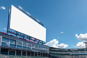 Sports arena backdrop with stout vertical blank billboards, fans visible in the distance.