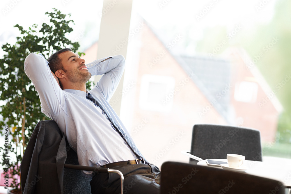 Canvas Prints Relax, businessman and smile at desk with relief for weekend, break and productivity in agency. Lawyer, stretching and hands behind head for brainstorming, dream and rest in office for startup idea