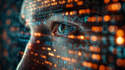 Obraz premium A close-up of a human eye, with a digital code overlay, representing the connection between technology and humanity.