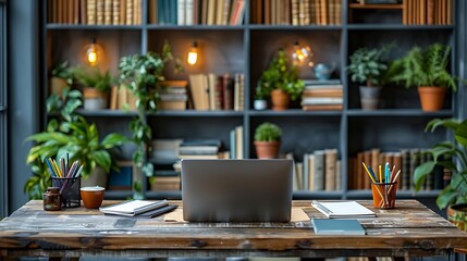 A close-up view of a rustic wooden desk with a sleek laptop, scattered notepads, and colorful pens, against a blurry background of bookshelves filled with books.