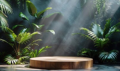 Mockup modern.An empty podium made of light wood on a light blue background with tropical leaves. An advertising template for product demonstrations. The concept of environmentally friendly products. 