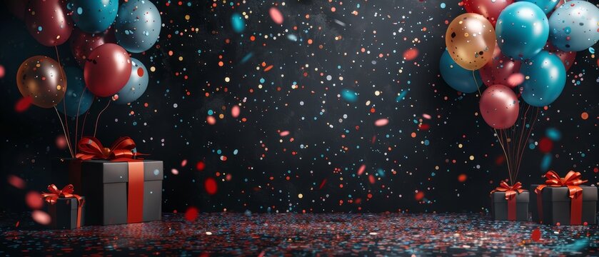 Black background, birthday celebration with balloons and confetti, gift boxes, and colorful decorations