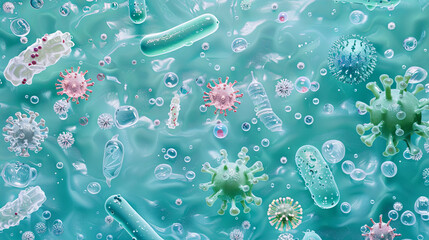 Bacteria and viruses on turquoise background, cartoon