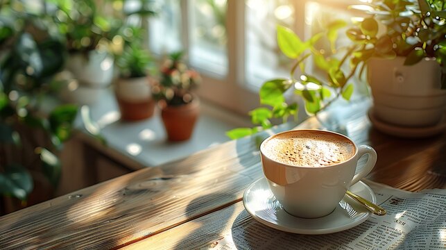 A close-up view of a wooden table with a steaming cup of coffee, an open newspaper, and warm morning light filtering through a blurry window backdrop.