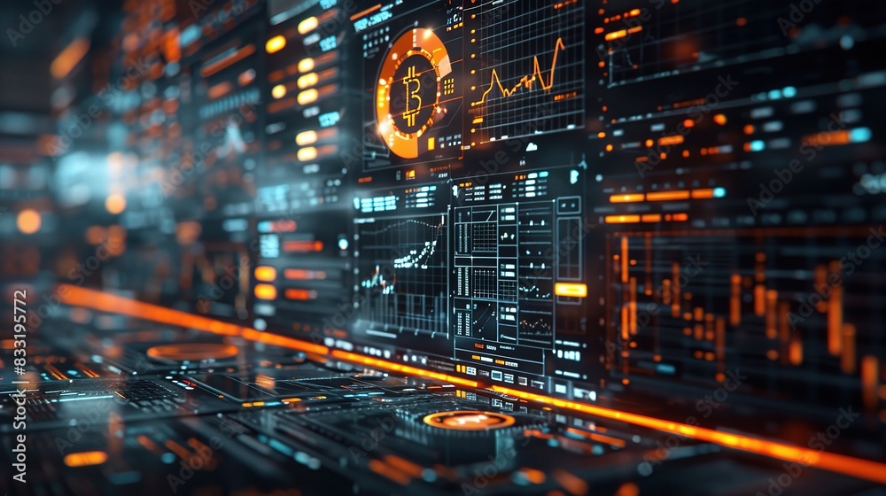 Poster finance technology displaying a blockchain transaction ledger on a monitor