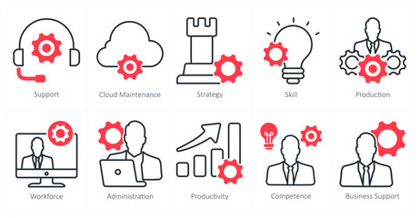 A set of 10 business and office icons as support, cloud maintenance, strategy