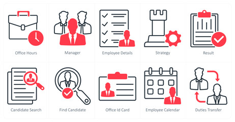 A set of 10 business and office icons as office hours, manager, employee details