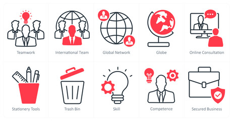 A set of 10 business and office icons as teamwork, international team, global network