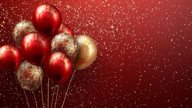 Birthday party with red and gold balloons, background festival celebration, carnival theme, vibrant red template