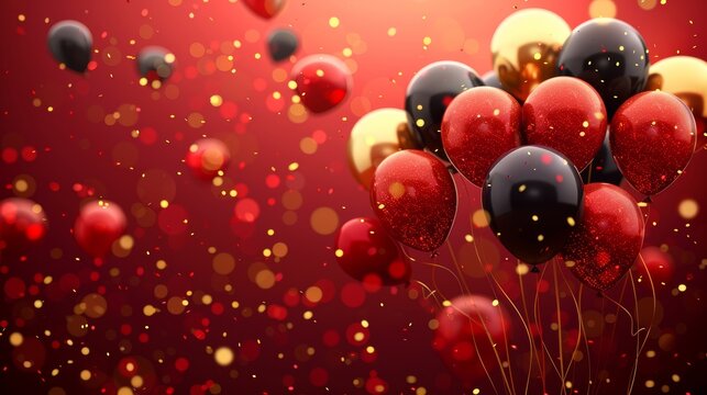 Birthday party with red and gold balloons, background festival celebration, carnival theme, vibrant red template