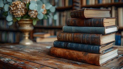 A close-up view of an antique wooden table with a stack of old, leather-bound books and a vintage brass lamp, set against a softly blurred backdrop of a cozy, book-filled room.