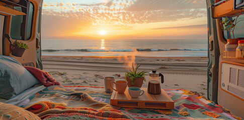 Camper van at the beach with sunset