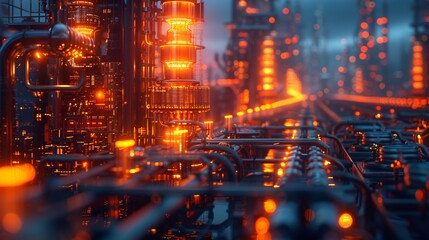 A futuristic city with glowing orange lights and intricate metal structures. The city is surrounded by a dark, mysterious fog.