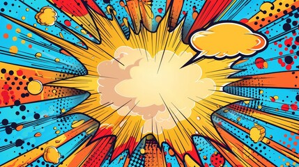 Birthday invitation design, superhero theme, comic book explosion backdrop, vibrant speech bubble for details