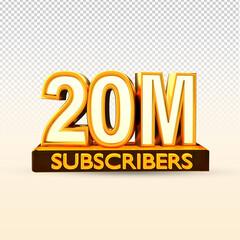 Golden 20M isolated on png background. 20M 3d. Thank you for 20 Million Subscribers 3D gold. 3D rendering