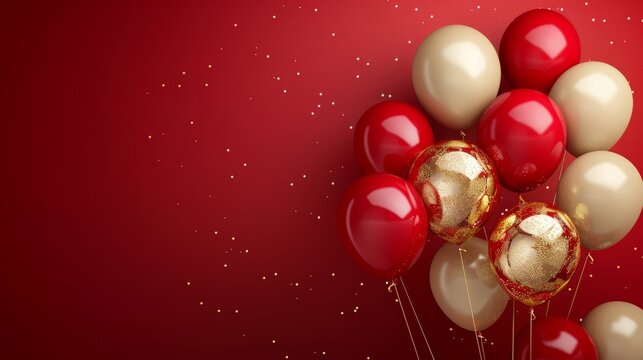 Birthday celebration with red and gold balloons, background party banner, carnival festival theme, vibrant red template