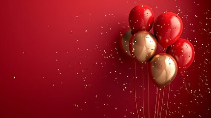 Birthday celebration with red and gold balloons, background party banner, carnival festival theme, vibrant red template