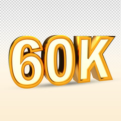 Golden 60K isolated on png background. 60K 3d. Thank you for 60K followers 3D gold. 3D rendering