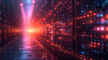 A futuristic server room with glowing lights and intricate hardware.  The image captures the power and complexity of modern technology.