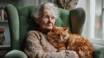 old woman with red cat in the emerald armchair, cozy home