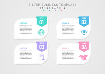 Infographic template 4 steps white square sharp corners with outline frame has Multi-colored icons on the right The squares have letters in the middle and many have white numbers. 