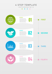 4 step infographic template. White square in center with text and numbers. The left multi-colored circle has a white icon in the center of the circle with a line on the right and multi-colored letters