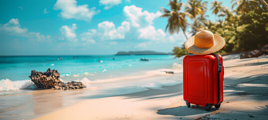 modern red suitcase with sunhat on the tropical beach, travel, relaxation, holiday, vacation concept