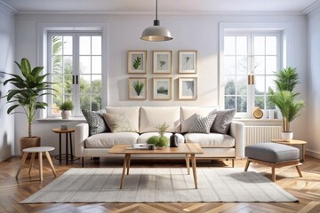 Fototapeta premium White living room with sofa. Scandinavian interior design