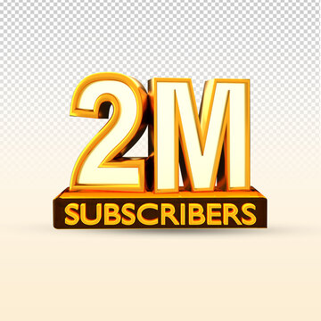 Golden 2M isolated on png background. 2M 3d. Thank you for 2 Million followers 3D gold. 3D rendering