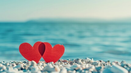 Fototapeta premium Valentine's Day background, two red paper hearts on white beach with blue sea and sky