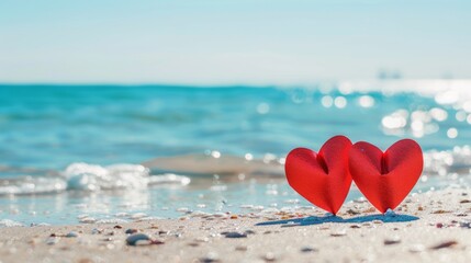 Fototapeta premium Valentine's Day background, two red paper hearts on white beach with blue sea and sky