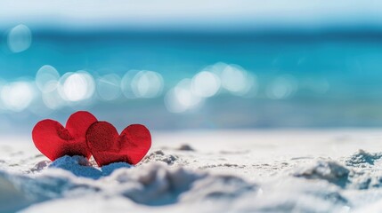 Fototapeta premium Valentine's Day background, two red paper hearts on white beach with blue sea and sky