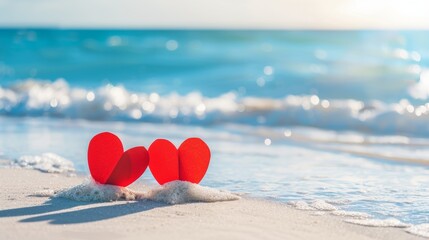 Fototapeta premium Valentine's Day background, two red paper hearts on white beach with blue sea and sky