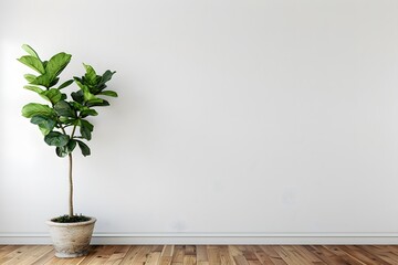 Modern empty room with parquet floor and white wall mock up. Plant against a white wall mockup. Minimalist interior design of modern living room, 3d rendering illustration.