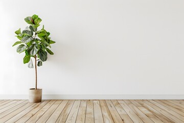 Modern empty room with parquet floor and white wall mock up. Plant against a white wall mockup. Minimalist interior design of modern living room, 3d rendering illustration.