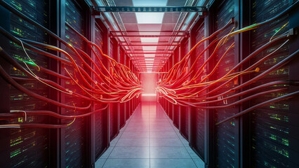 A backdrop of a server room with network cables and lights, network, dynamic and dramatic compositions