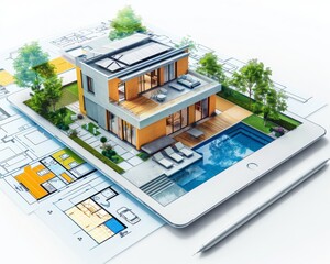 Naklejka premium Modern house with swimming pool on the blueprint. 3d rendering.