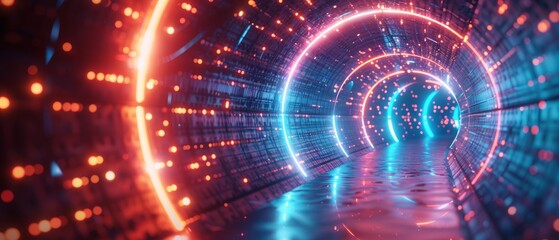 Obraz premium Abstract digital tunnel with data flow and glowing lights, representing technology, innovation, and AI