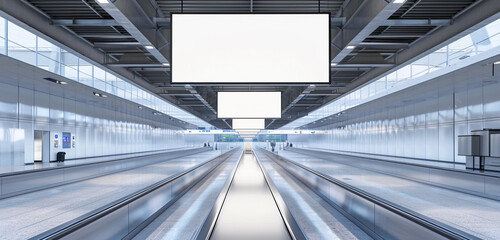 Modern baggage claim area in an airport with an ultra-wide blank billboard, uncluttered and spacious.