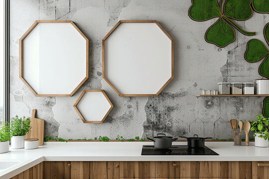Contemporary wooden design in a kitchen, featuring tall hexagonal blank frame mockups on a shamrock wall.