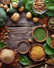 A variety of foods are rich in vitamin E, such as nuts, seeds, and green leafy vegetables. arranged on a wooden table