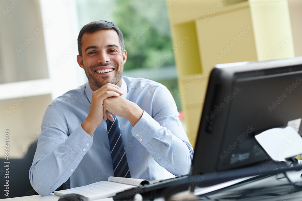 Poster businessman, happy and portrait with computer at desk for work research, online connection and commu