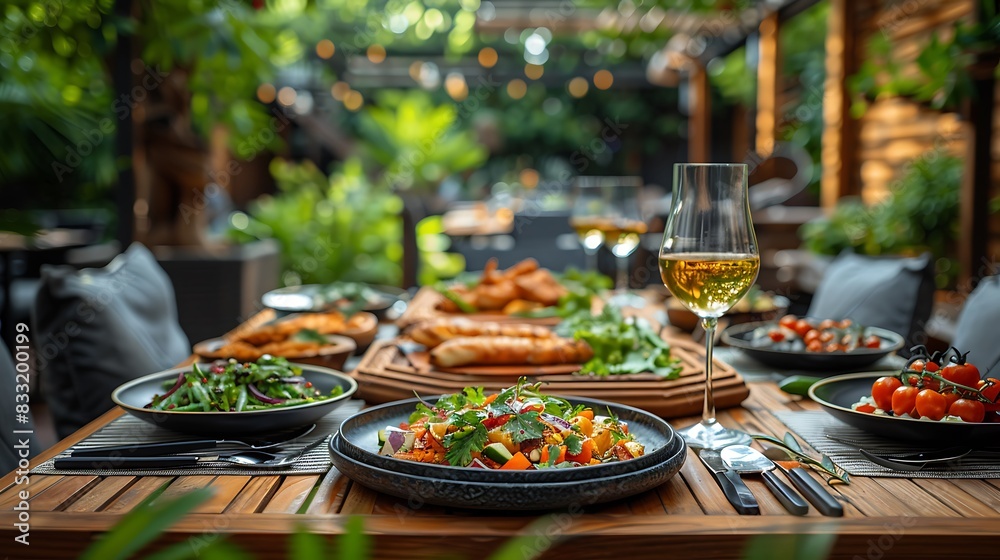 Wall mural A wooden table displaying a colorful summer meal, including vibrant plates and fresh greens, with a soft-focus background of a lush garden, highlighting the joy of outdoor dining --ar 16:9 --v 6.