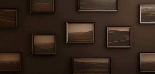 Gallery with small landscape frames arrayed on a dark chocolate wall, creating a rich, inviting space.