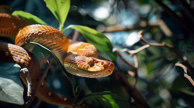 Brown snake on the tree branch. Wildlife close up background concept.