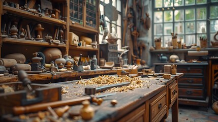 Close view of an artisan’s wooden workbench showing detailed tools, wood carvings, and creative projects, with a blurred backdrop of the workshop environment, highlighting a space of creation.