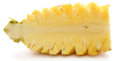 Fresh ripe pineapple, pineapple fruit slice isolated. Juicy fruit composition design element with stacked focus, white background. Tropical fruit delicious ingredients, healthy nutrition concept
