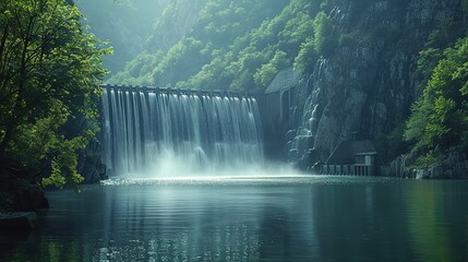Green technology with a hydroelectric dam generating power in a serene landscape