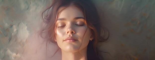 Generative AI illustration of young woman with a serene expression, eyes closed and a gentle smile, against a textured backdrop 4K Video.