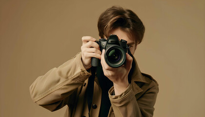Professional photographer taking photos with a pro camera isolated on pastel background , copy space, temple design, World Photography Day concept